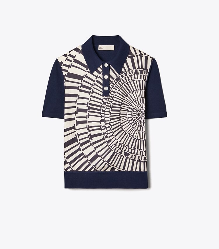 Tory Burch diseñador suéteres Polo con frente de seda en Dark Navy / Medium Navy Circle T frente