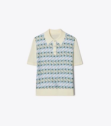 Tory Burch designer maglioni Polo con inserto in seta in New Ivory / Glass Swan Allover front