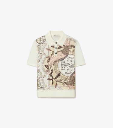 Tory Burch designer maglioni Polo con inserto in seta in New Ivory / Pink Cockatoo front