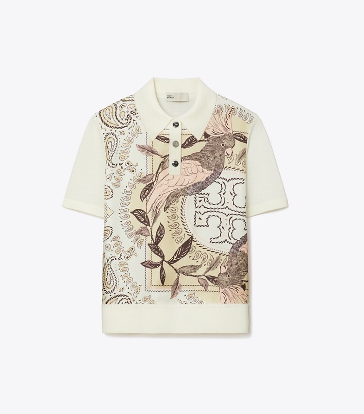 Tory Burch designer maglioni Polo con inserto in seta in New Ivory / Pink Cockatoo front