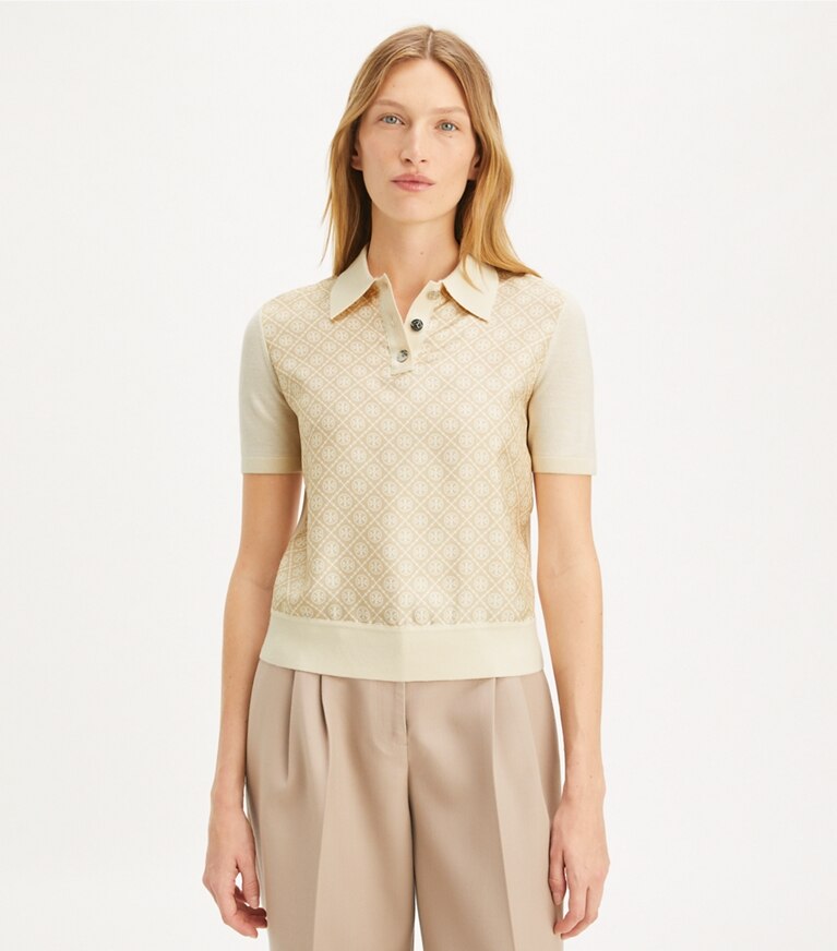 Tory Burch designer maglioni Polo con inserto in seta in French Cream / Gold T Mono Mini front