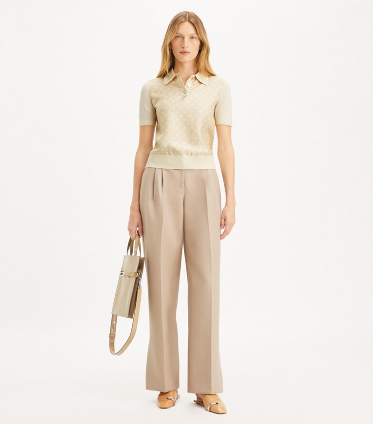 Tory Burch designer maglioni Polo con inserto in seta in French Cream / Gold T Mono Mini front