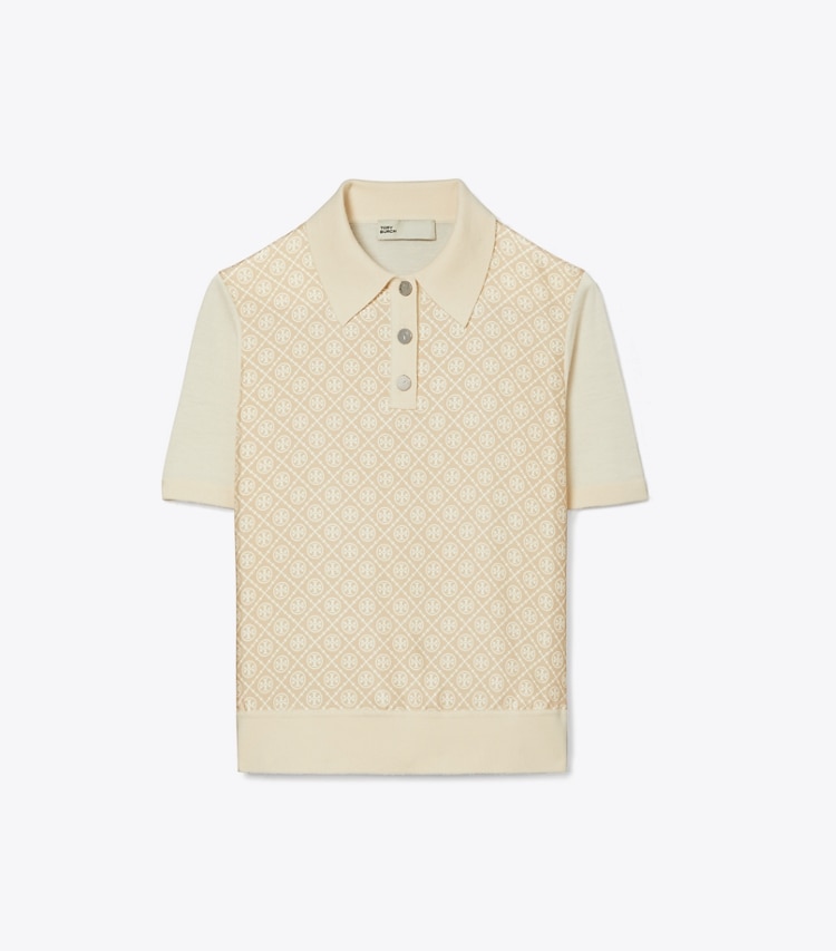 Tory Burch diseñador suéteres Polo con parte delantera de seda en French Cream / Gold T Mono Mini frontal