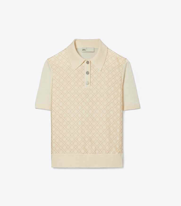 Tory Burch diseñador suéteres Polo con parte delantera de seda en French Cream / Gold T Mono Mini frontal