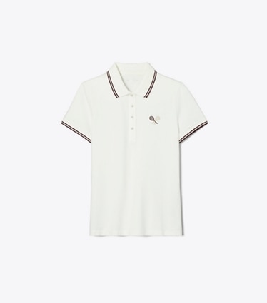 Tory Burch designer tops Polo da tennis in piqué tecnico in Snow White / Dark Sangria front