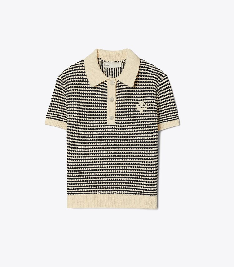 Tory Burch diseñador tops Polo de algodón a rayas con pespuntes en Medium Navy / French Cream frontal