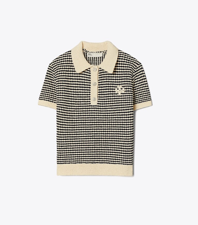 Tory Burch diseñador tops Polo de algodón a rayas con pespuntes en Medium Navy / French Cream frontal