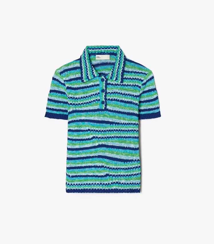 Tory Burch diseñador suéteres Polo de algodón a rayas en Ocean / Light  Blue / Green frente