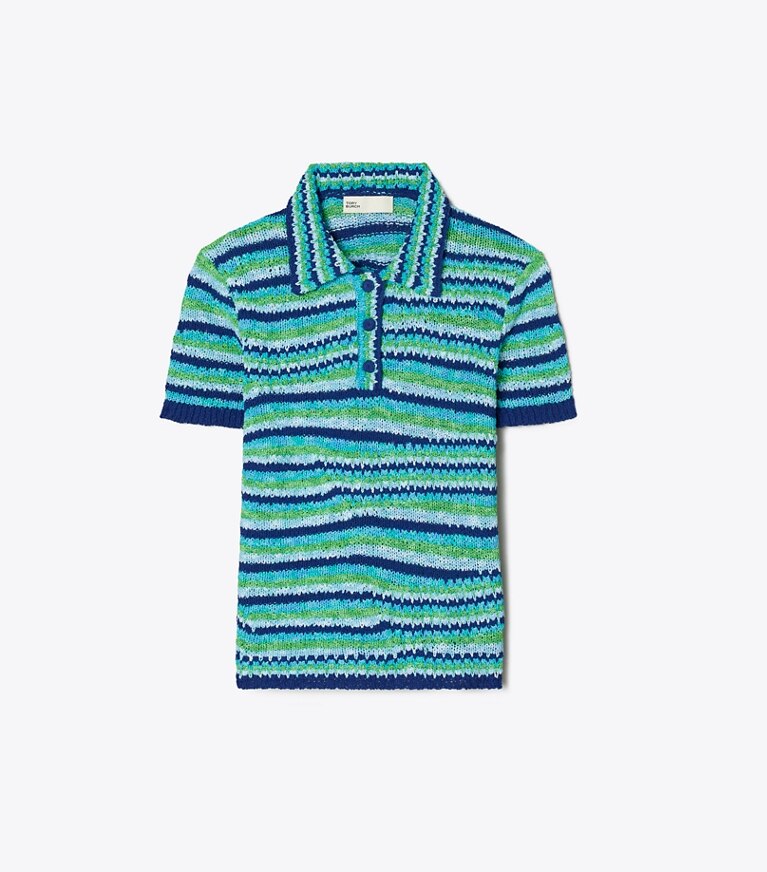 Tory Burch diseñador suéteres Polo de algodón a rayas en Ocean / Light Blue / Green frente