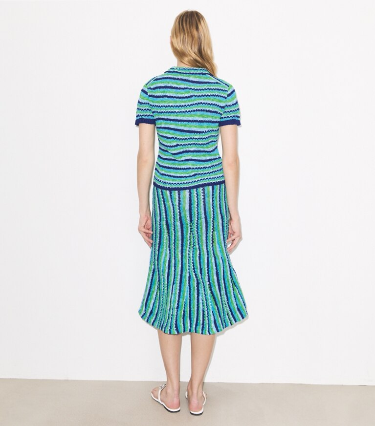 Tory Burch diseñador suéteres Polo de algodón a rayas en Ocean / Light Blue / Green parte posterior en modelo
