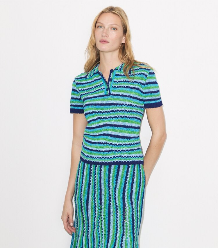 Tory Burch diseñador suéteres Polo de algodón a rayas en Ocean / Light  Blue / Green detalle en modelo