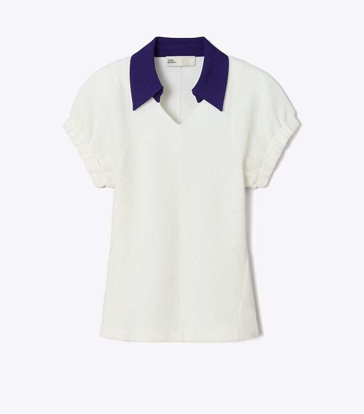 Tory Burch diseñador suéteres Polo de algodón y seda en White / Ballpoint Blue frente