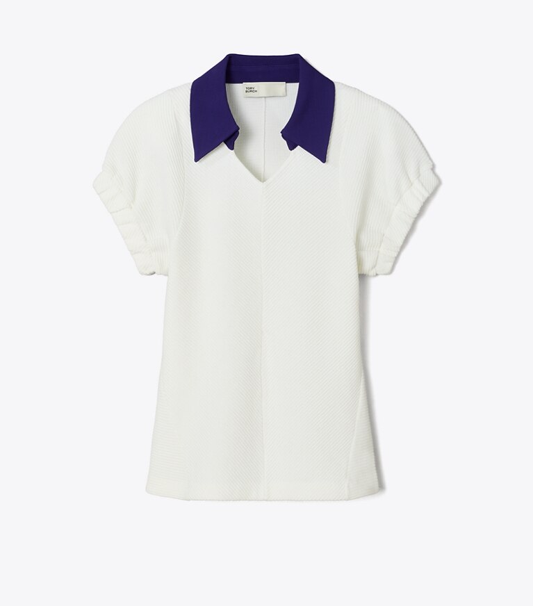 Tory Burch diseñador suéteres Polo de algodón y seda en White / Ballpoint Blue frente