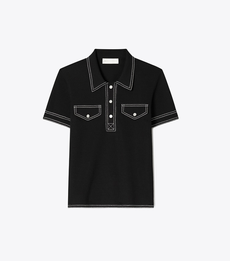 Tory Burch diseñador suéteres Polo de lana con pespuntes en Black frente