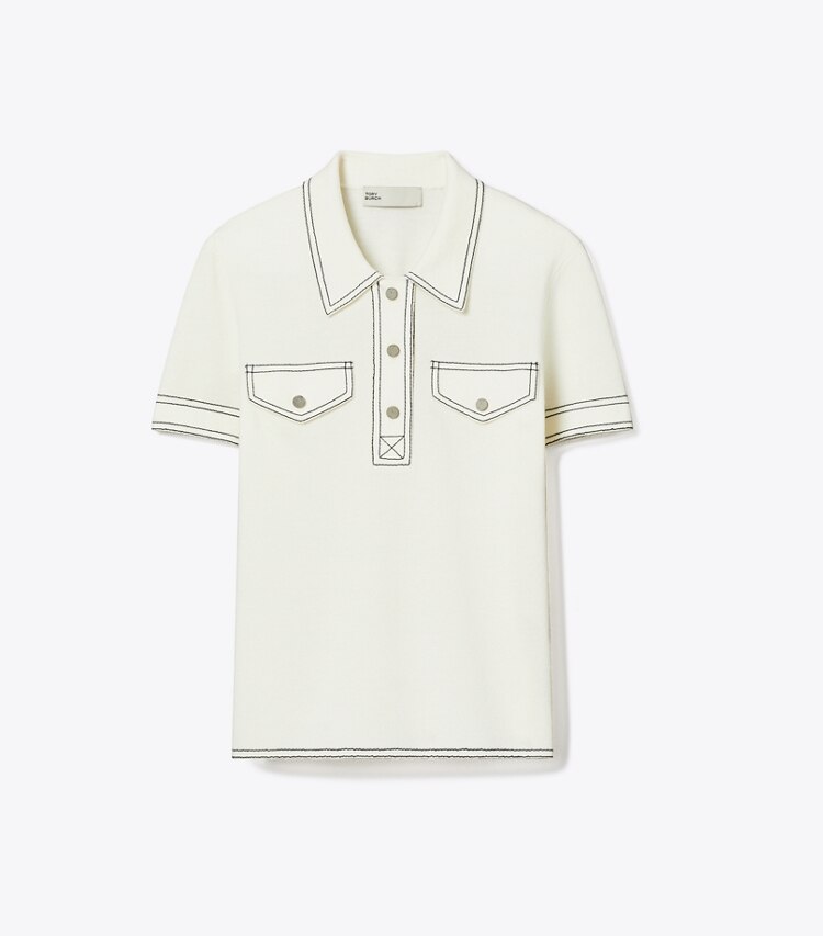 Tory Burch diseñador suéteres Polo de lana con pespuntes en New Ivory frente