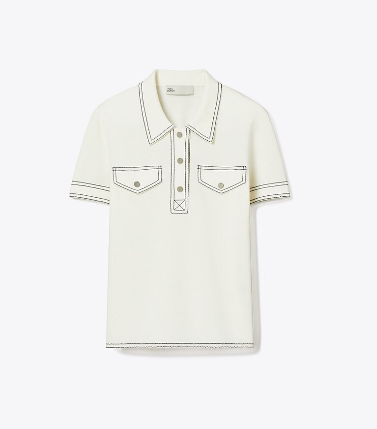 Tory Burch diseñador suéteres Polo de lana con pespuntes en New Ivory frente