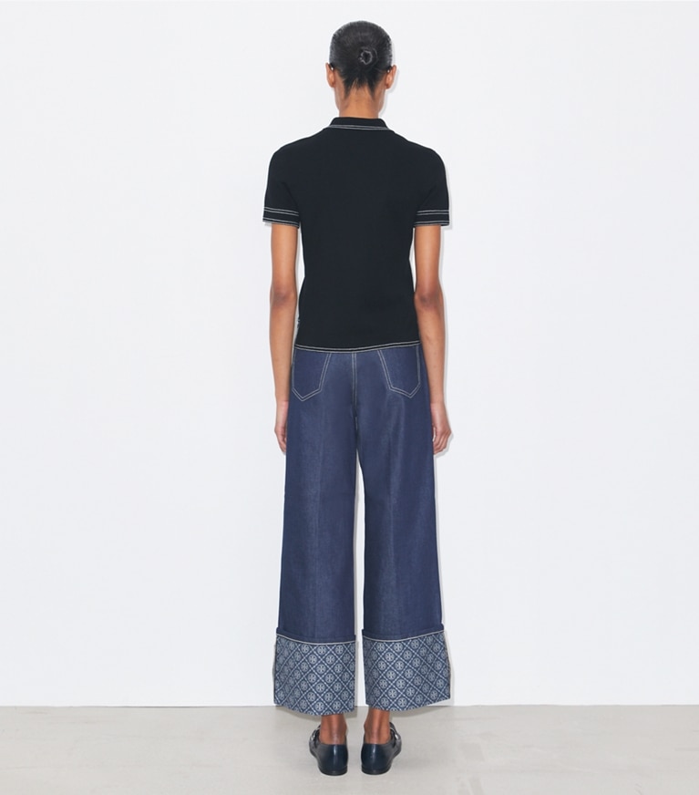 Tory Burch diseñador suéteres Polo de lana con pespuntes en Black parte posterior en modelo