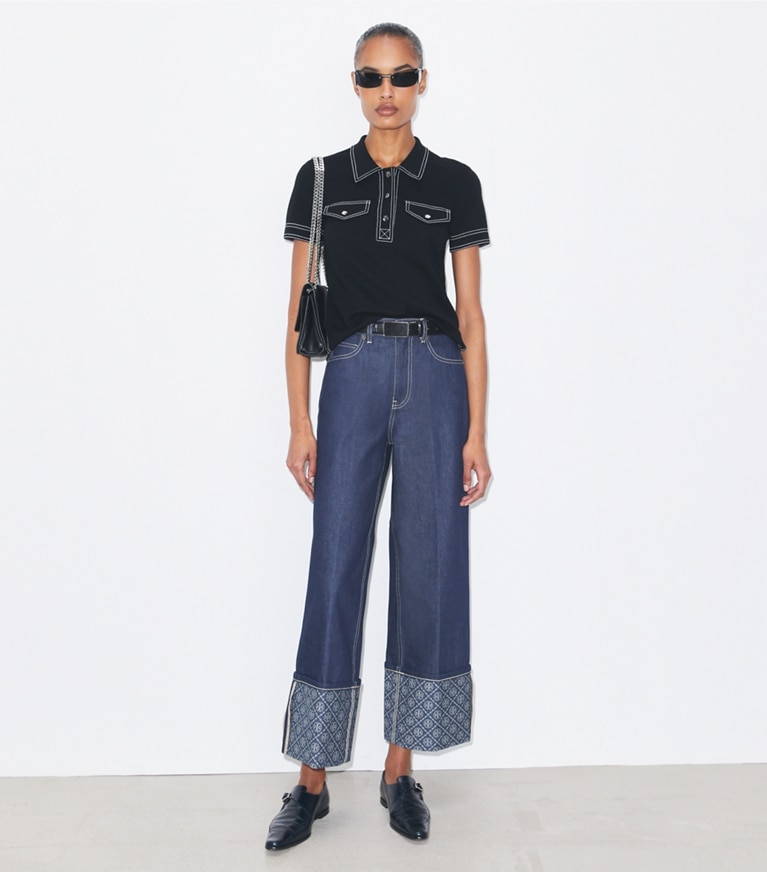 Tory Burch diseñador suéteres Polo de lana con pespuntes en Black frente en modelo