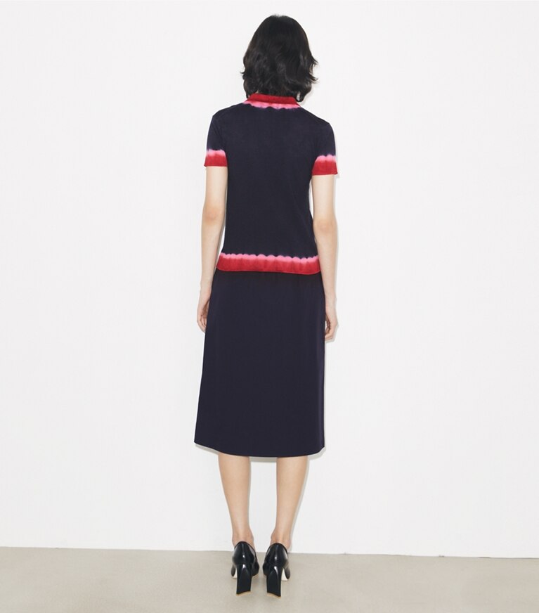 Tory Burch diseñador suéteres Polo de lana teñido por inmersión en Medium Navy / Red parte posterior en modelo