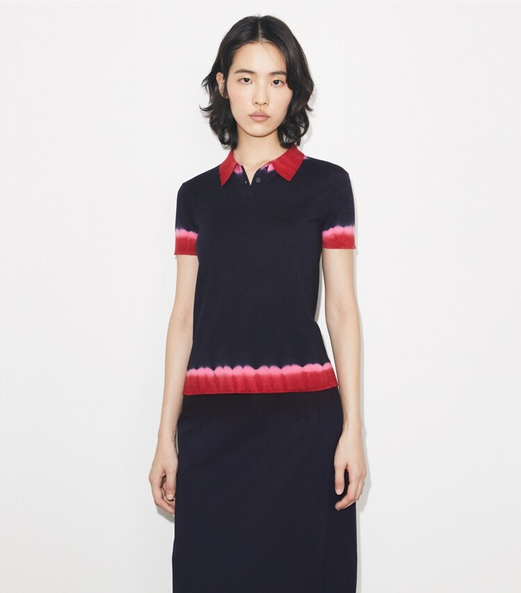 Tory Burch diseñador suéteres Polo de lana teñido por inmersión en Medium Navy / Red detalle en modelo