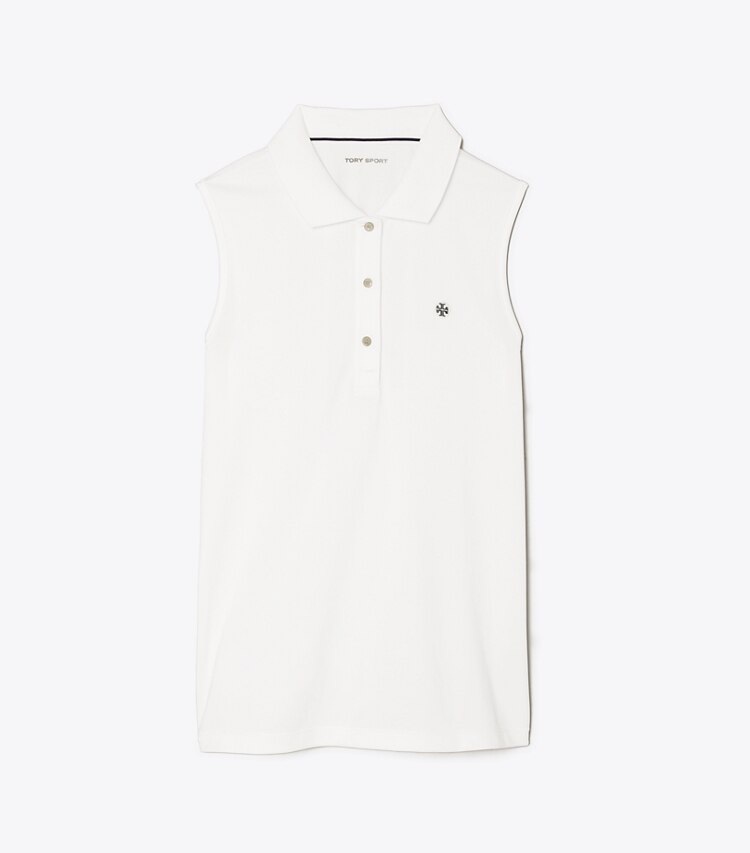 Tory Sport diseñador tops Polo de piqué técnico sin mangas en Snow White frontal