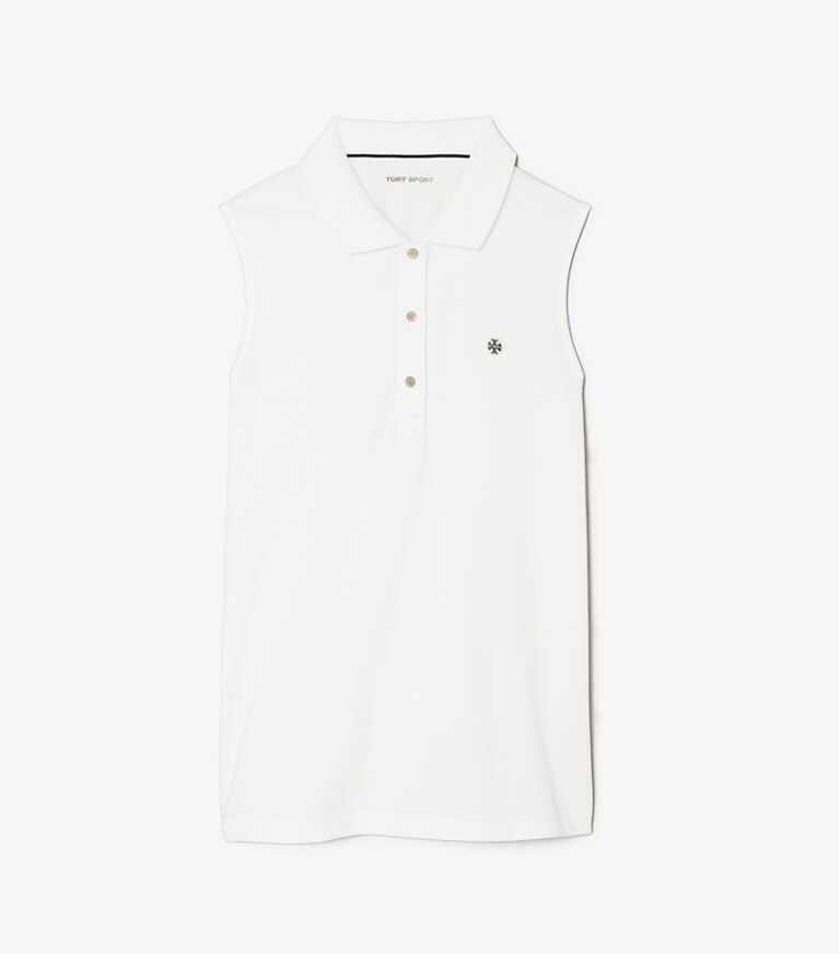 Tory Sport diseñador tops Polo de piqué técnico sin mangas en Snow White frontal