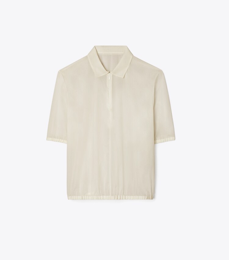 Tory Burch diseñador tops Polo de popelina con cremallera en Pale Sandstone frente