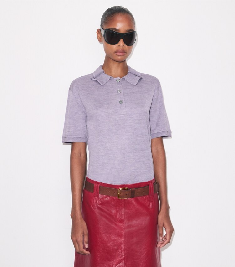 Tory Burch diseñador suéteres Polo de seda en Purple detalle en modelo