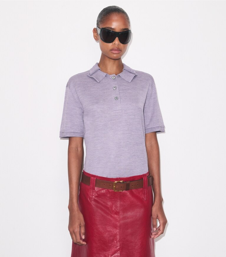 Tory Burch diseñador suéteres Polo de seda en Purple detalle en modelo