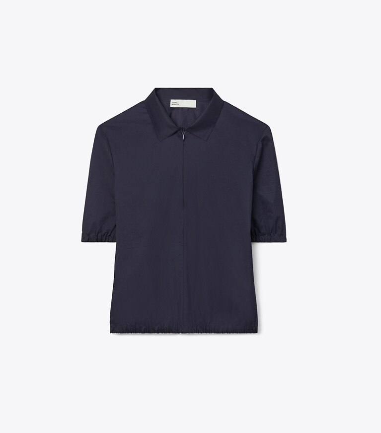 Tory Burch diseñador tops Polo de tafeta de nailon con cremallera en Royal Ink frente