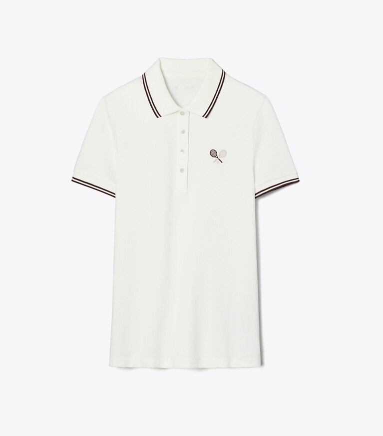 Tory Burch diseñador tops Polo de tenis de piqué técnico en Snow White / Dark Sangria frente