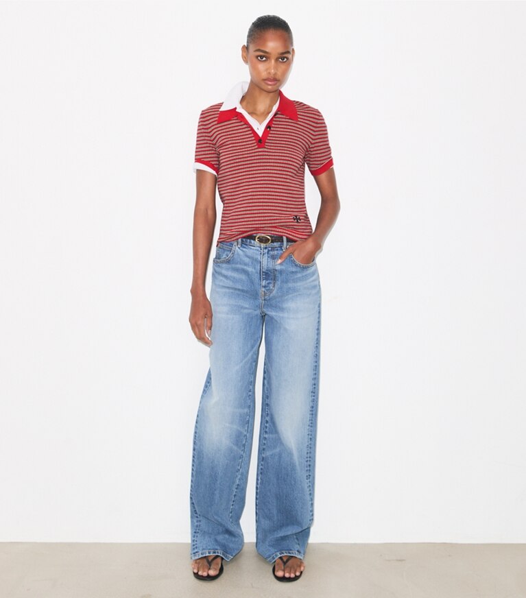 Tory Burch diseñador suéteres Polo de viscosa a rayas en Red / Navy / Ivory adicional en modelo