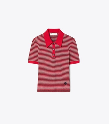 Tory Burch diseñador suéteres Polo de viscosa a rayas en Red / Navy / Ivory frente