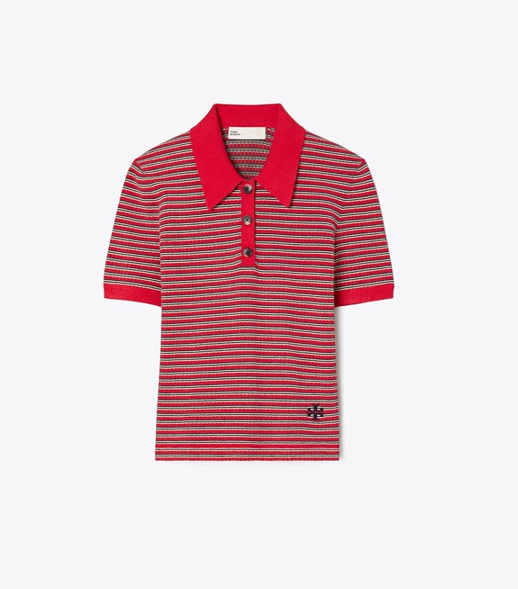 Tory Burch diseñador suéteres Polo de viscosa a rayas en Red / Navy / Ivory frente