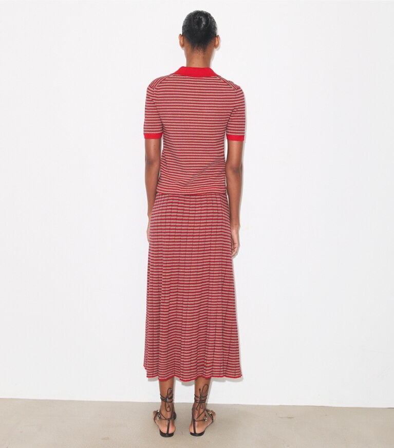 Tory Burch diseñador suéteres Polo de viscosa a rayas en Red / Navy / Ivory parte posterior en modelo