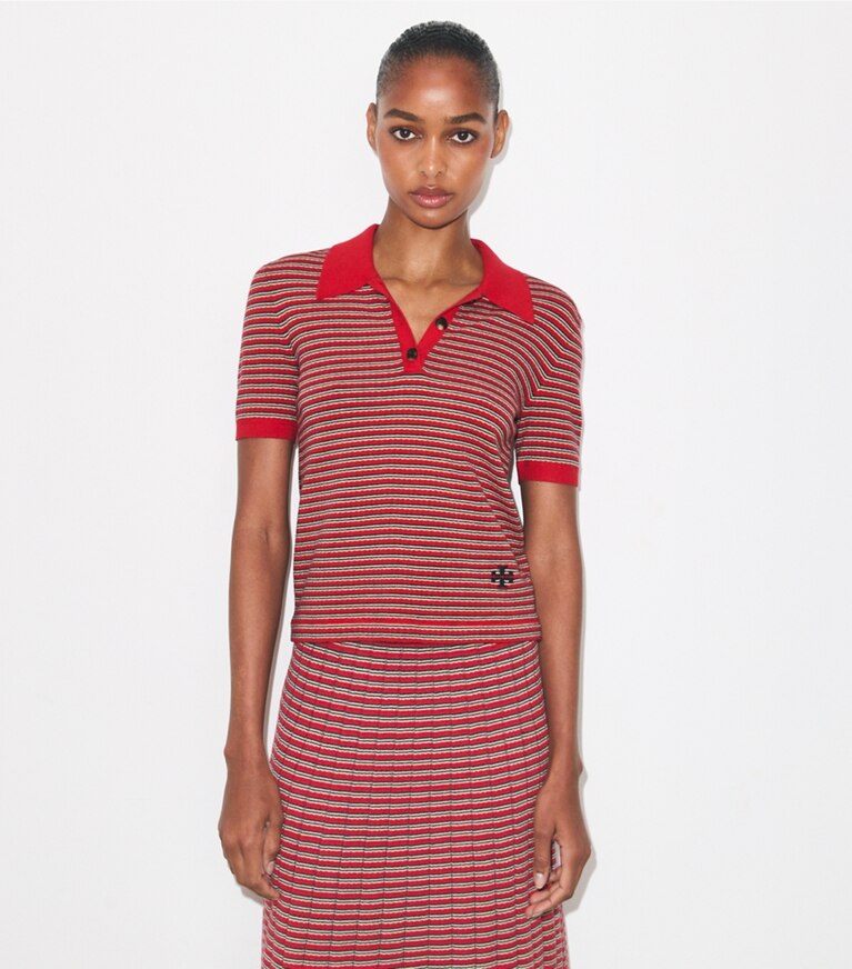 Tory Burch diseñador suéteres Polo de viscosa a rayas en Red / Navy / Ivory detalle en modelo