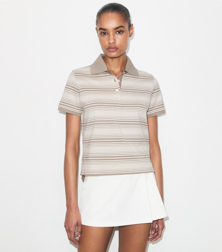 Tory Burch designer hauts Polo en coton Little Grumps dans Taupe Stripe détail sur modèle