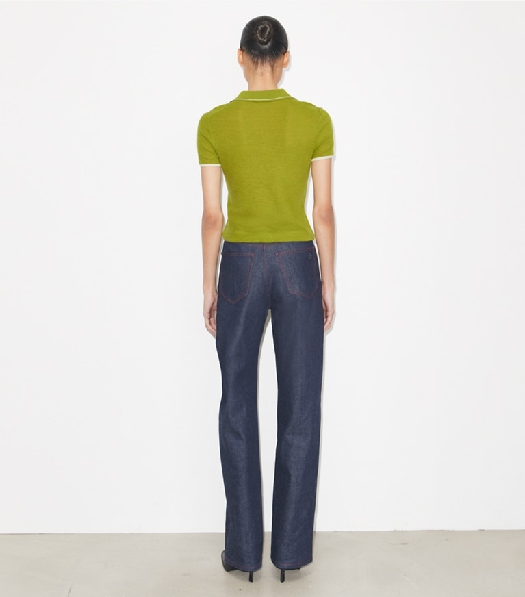 Tory Burch designer sweaters Polo en laine in Bright Green on model back