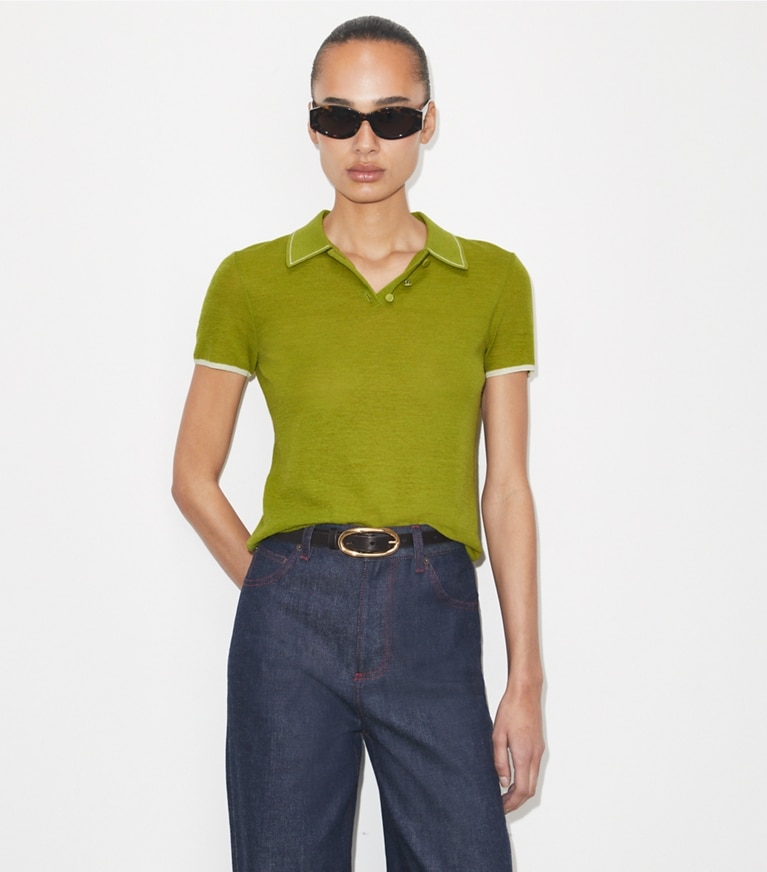 Tory Burch designer sweaters Polo en laine in Bright Green on model detail