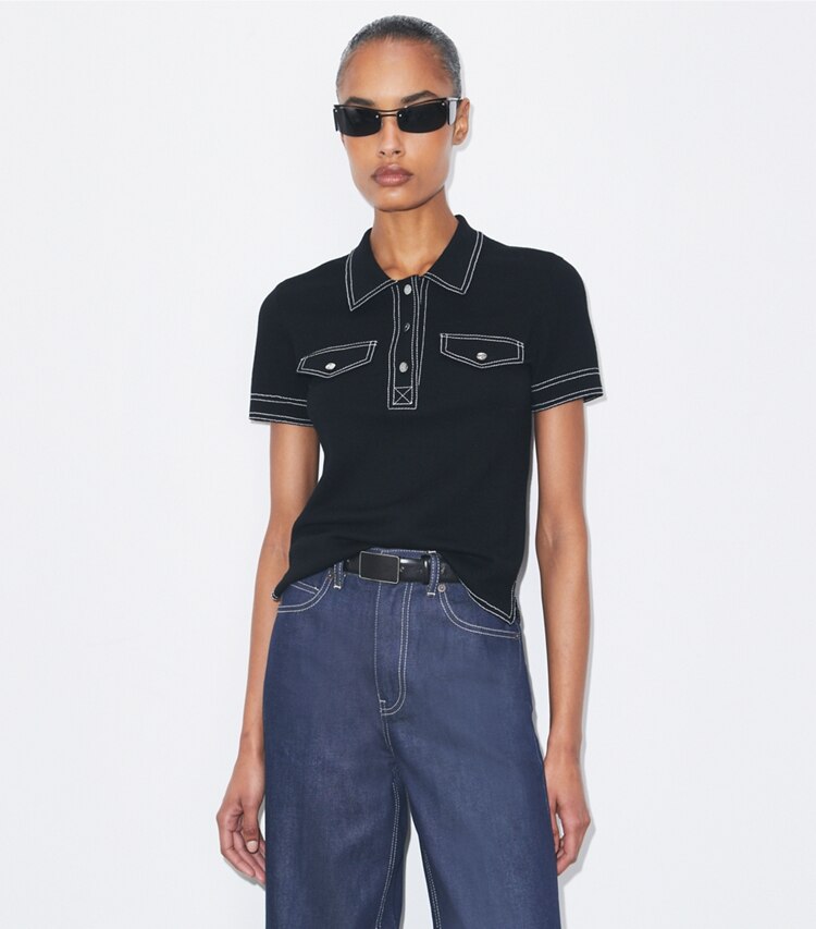 Tory Burch designer sweaters Polo en laine surpiqué dans Black détail sur modèle