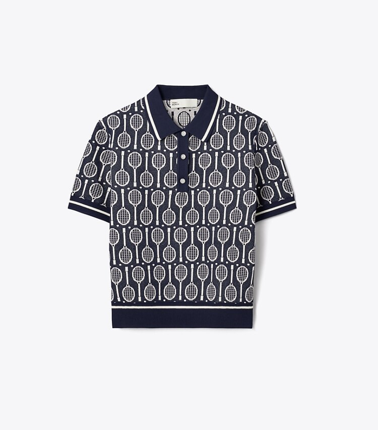 Tory Sport designer sweaters Polo en maille technique in Tory Navy Racquets front