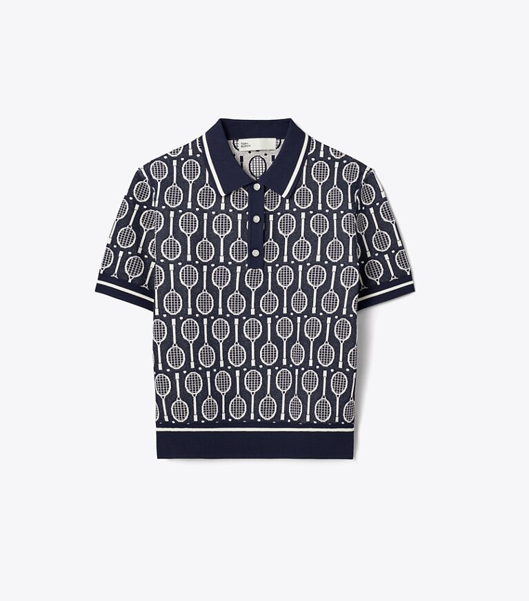 Tory Sport designer sweaters Polo en maille technique in Tory Navy Racquets front
