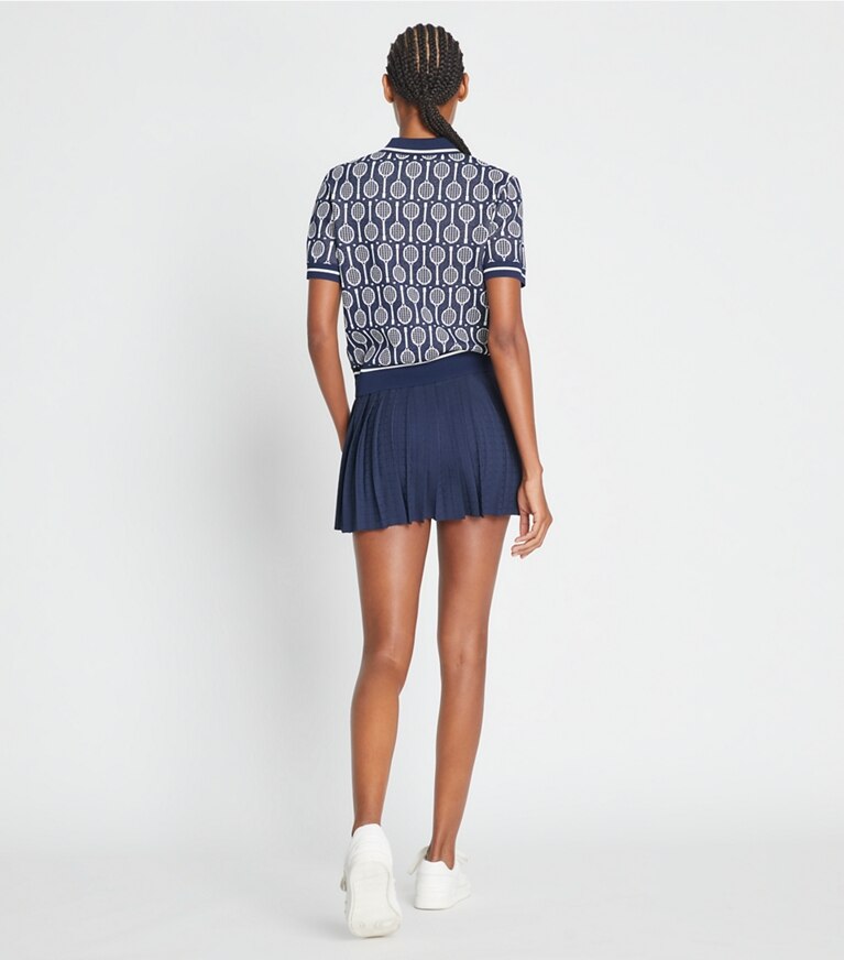Tory Sport designer sweaters Polo en maille technique in Tory Navy Racquets front