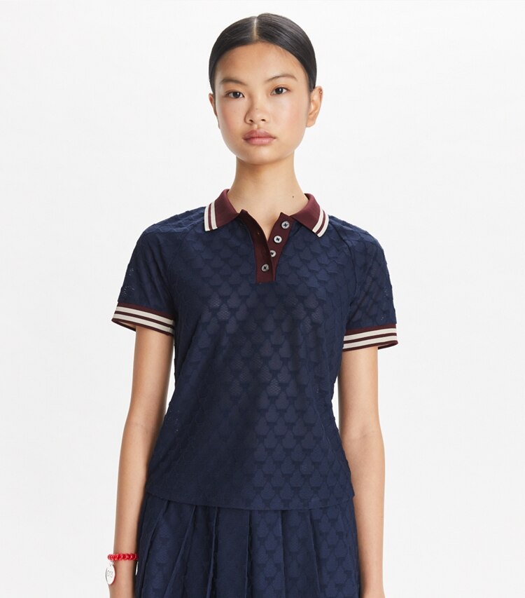 Tory Sport designer hauts Polo en molleton jacquard in Tory Navy on model detail