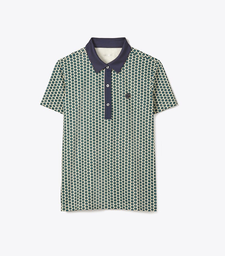 Tory Sport designer hauts Polo en piqué technique imprimé dans Conifer Poppy Seed de face