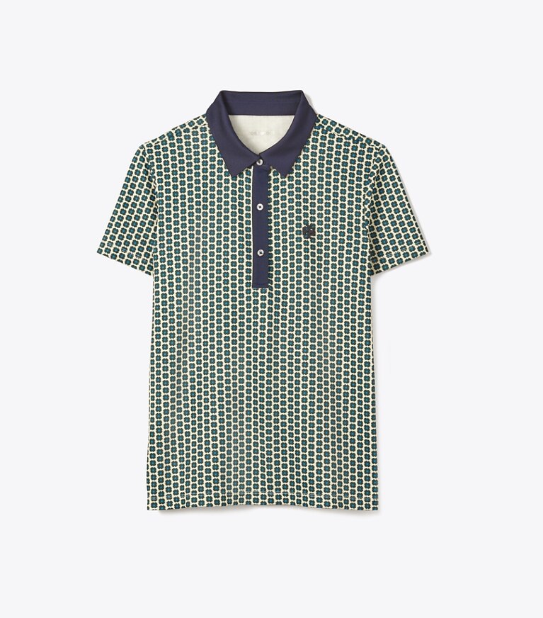 Tory Sport designer hauts Polo en piqué technique imprimé dans Conifer Poppy Seed de face