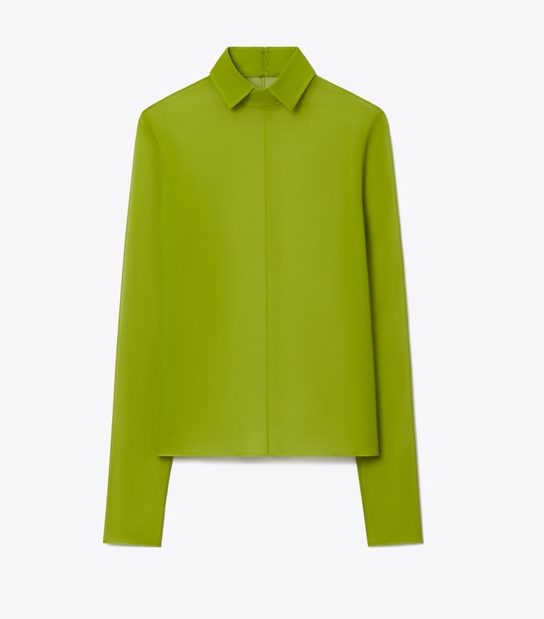 Tory Burch designer hauts Polo en soie à col roulé in Leaf Green front