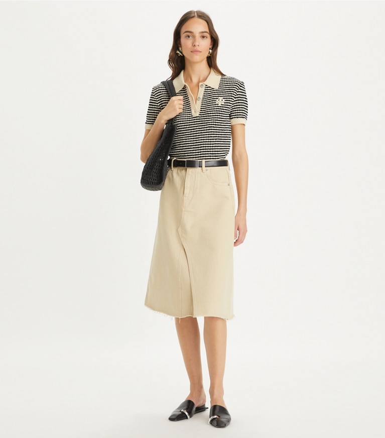 Tory Burch designer tops Polo in cotone a righe in Medium Navy / French Cream front
