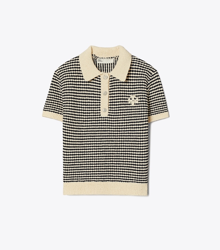 Tory Burch designer tops Polo in cotone a righe in Medium Navy / French Cream front