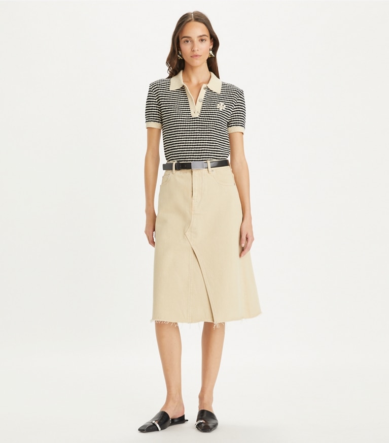 Tory Burch designer tops Polo in cotone a righe in Medium Navy / French Cream front
